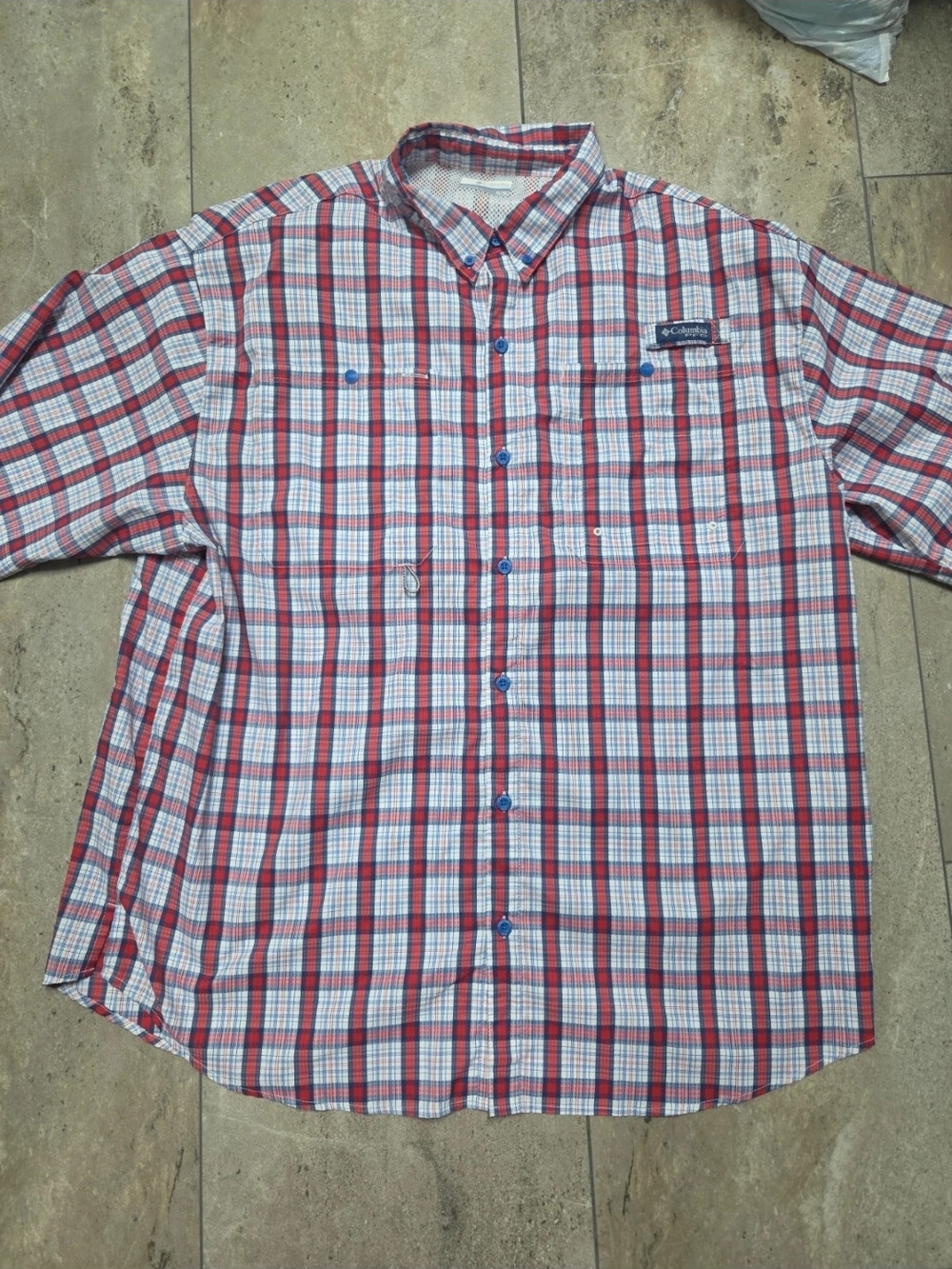 - Columbia Red and White Plaid Short-Sleeve Button-Down Shirt